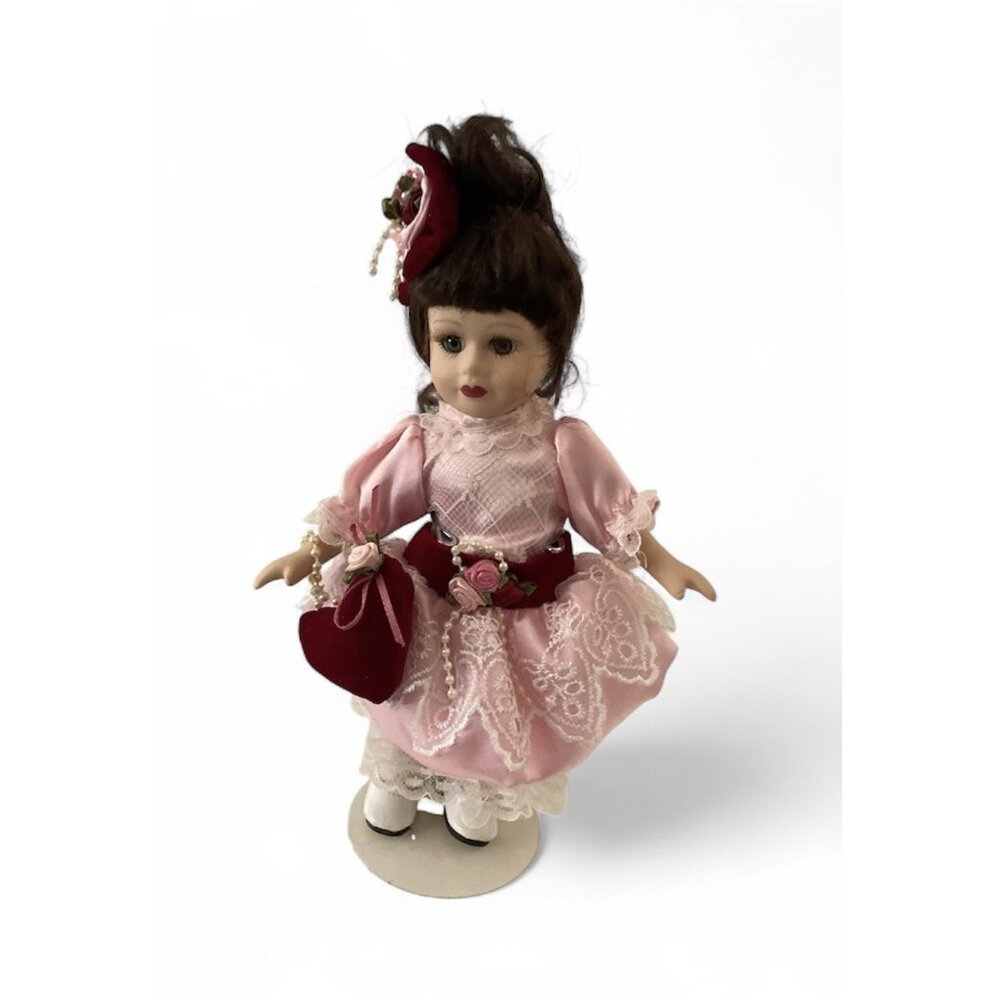 Vtg 9 Inch Fashion Porcelain Doll Cloth Body Pink Dress French Twist Brunette